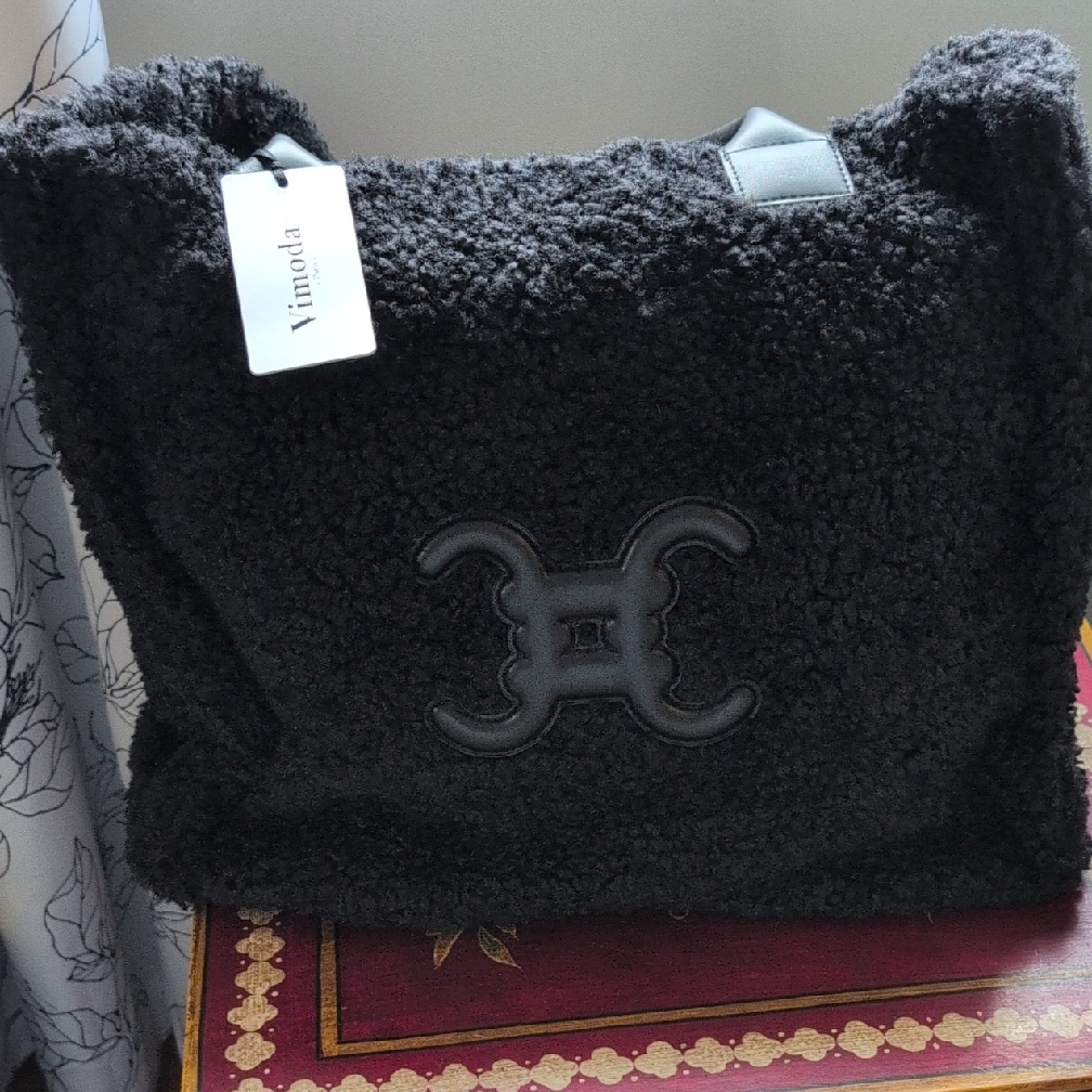 Black Sherpa Tote Bag With Embossed Logo